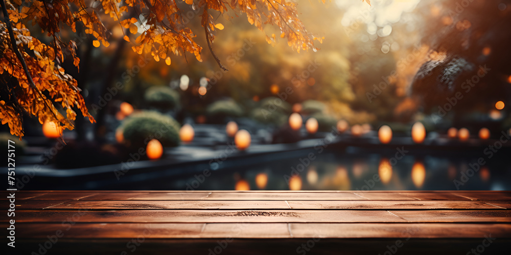  rustic wooden table against a radiant autumn maple tree bokeh backdrop.