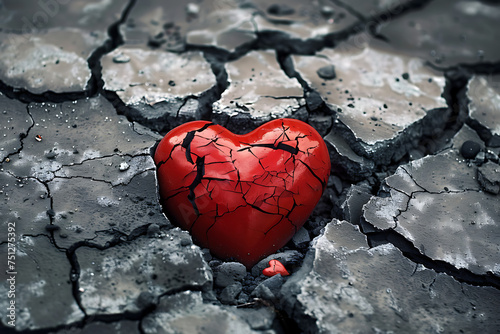 A sign of a shattered heart and lovesickness is a red stone heart smashed in a crack in the concrete.