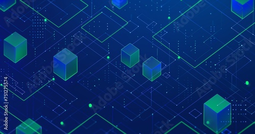Blue background with green and blue squares, in the style of line and dot work, cryptidcore, interactive experiences, minimalistic lines, precisionist lines, isometric, webcore.