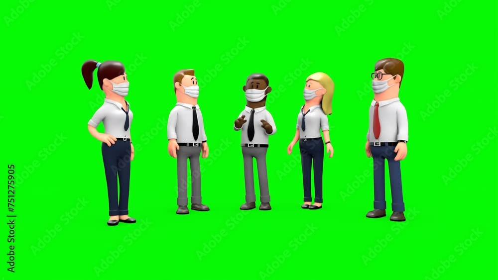3D Rendered Animated Scene Of Diverse Cartoon Businesses People Having Group Discussions Wearing Masks Standing In Green Background. 3D Rendered Animated Scene Of Diverse Cartoon Businesses People Having Group Discussions Wearing Masks Standing In Green Background.