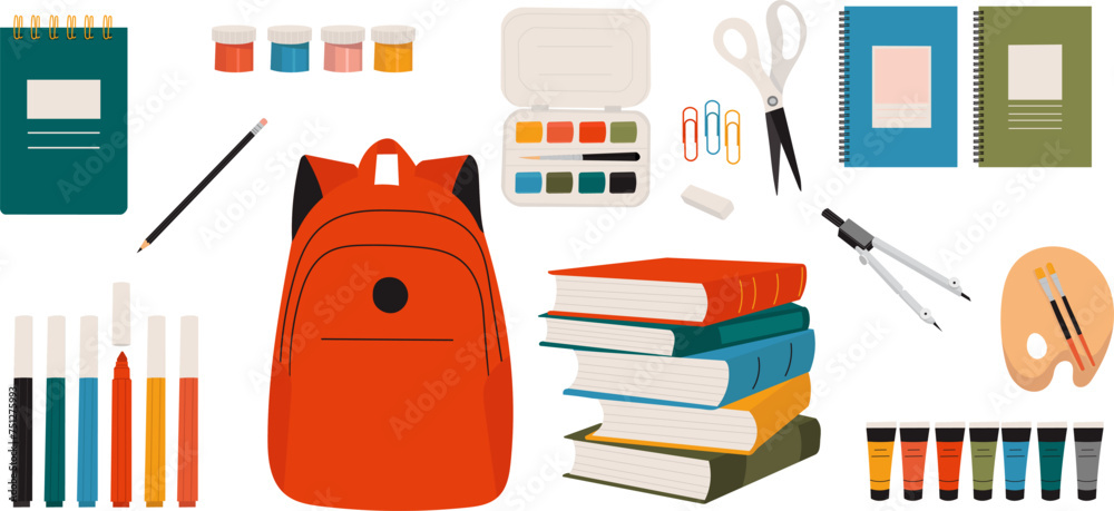Obraz premium schoolboy set, backpack, books, paints in flat style vector