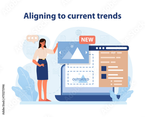 Trend Alignment in Branding. An engaging vector illustration that portrays a marketer updating.