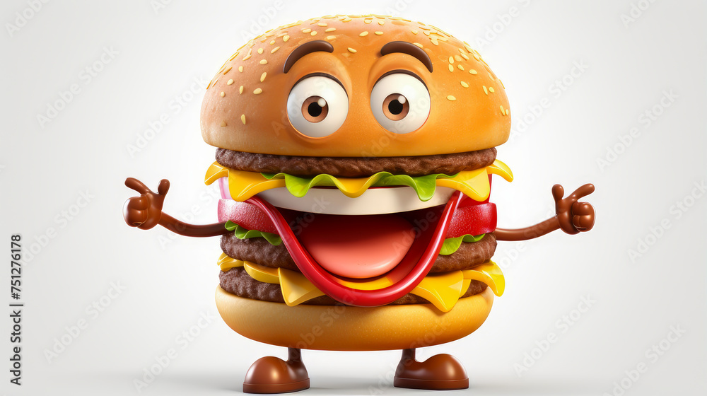 Cheeseburger with a cheerful face 3D on a white background. Cheeseburger with a cheerful face 3D on a white background.