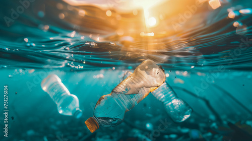 Bootles, PETs, plastics, trash under the ocean sea water; recycle