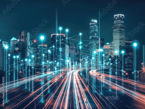 Digital illustration of a neon-lit futuristic cityscape with cybernetic enhancements  showcasing connectivity and technology.