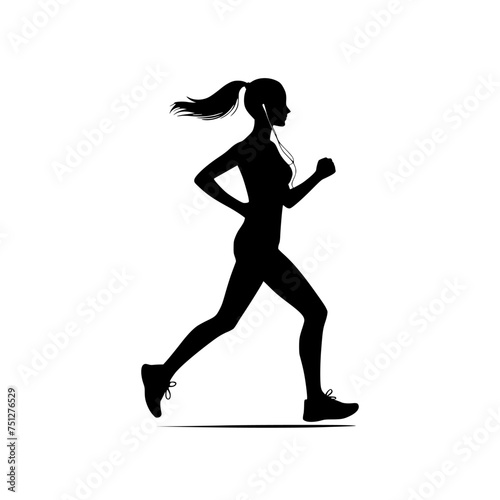 Black silhouette of a girl running. Vector illustration of a woman jogging isolated on a white background.
