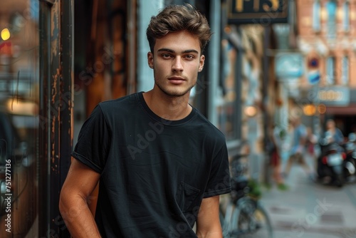 Male model at the city wearing a black cotton t-shirt. Generative Ai