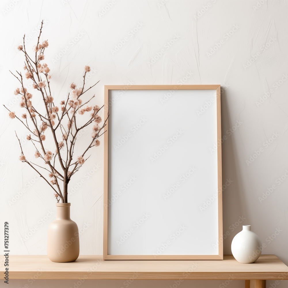 Vertical frame mockup standing on wooden table in living room interior with vase on white wall background. Mock up poster frame in modern interior background, Scandinavian style Vertical frame mockup standing on wooden table in living room interior with vase on white wall background. Mock up poster frame in modern interior background, Scandinavian style