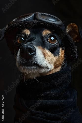 Close up of a carnivorous dog wearing a hat and goggles © Nadtochiy