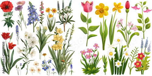 Set of spring and summer wild flowers, plants