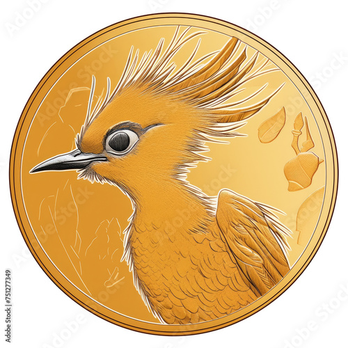 An illustration of a gold coin with a picture of a small yellow bird with a black beak photo