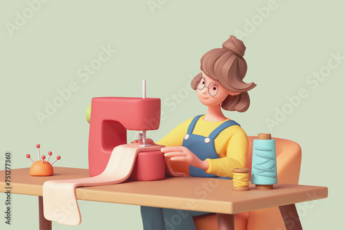 Cute kawaii smiling brunette funny casual asian girl in yellow t-shirt, blue overalls sits on an orange chair at table, sews clothes on red sewing machine works at home. 3d render on green backdrop. © roman3d