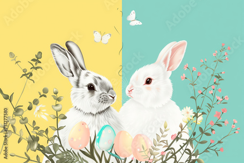 Illustration of colorful pastel Easter eggs, each uniquely painted and rabbits on meadow with grass and daisies