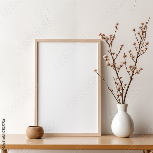 Vertical frame mockup standing on wooden table in living room interior with vase on white wall background. Mock up poster frame in modern interior background, Scandinavian style