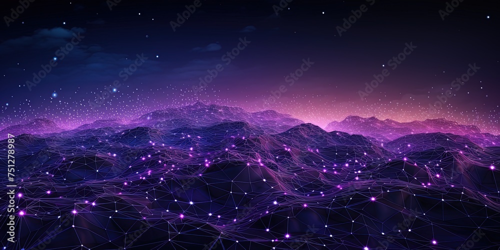 Purple hues enhance the glowing nodes of this intricate digital network with bright links - obrazy, fototapety, plakaty 
