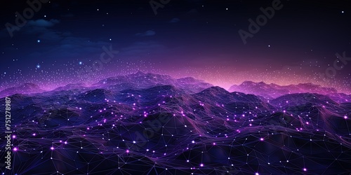 Purple hues enhance the glowing nodes of this intricate digital network with bright links