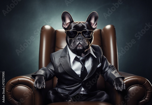 Stylish glamorous dog in black color with fashion tie, fashion. Neutral background.