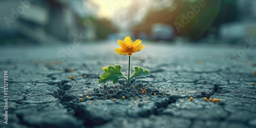 Tiny flowers bloom on a broken street, stunning boke. Generative Ai
