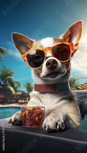 Cute dog in sunglasses with a glass of orange juice on the swimming pool