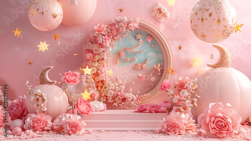 3D Islamic background with soft cotton and Islamic ornaments.