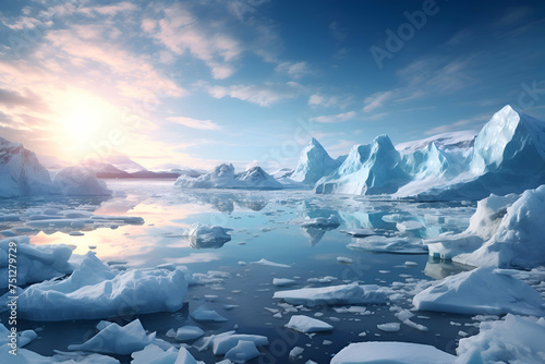 Icebergs in the ocean at sunset. 3D illustration.