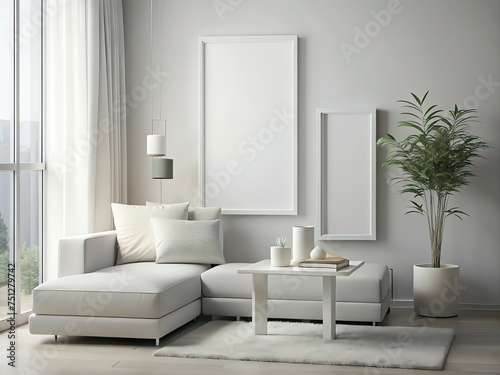 Living room wall poster mockup. Interior mockup with house background. Modern interior design. 3D Render