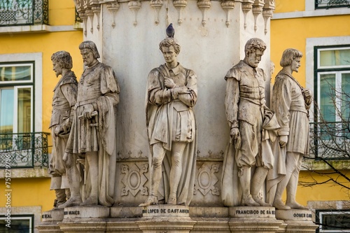 Monument with statues in the Chiado neighborhood in Lisbon, Portugal