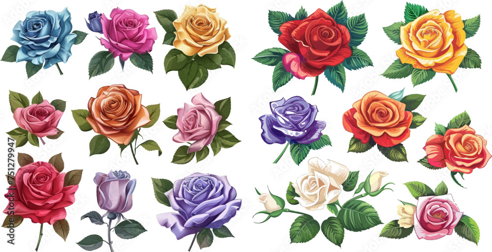 set of flowers, multicolored roses with leaves