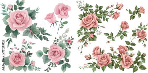 Set of floral branch. Flower pink rose, green leaves. Wedding concept with flowers © Mark