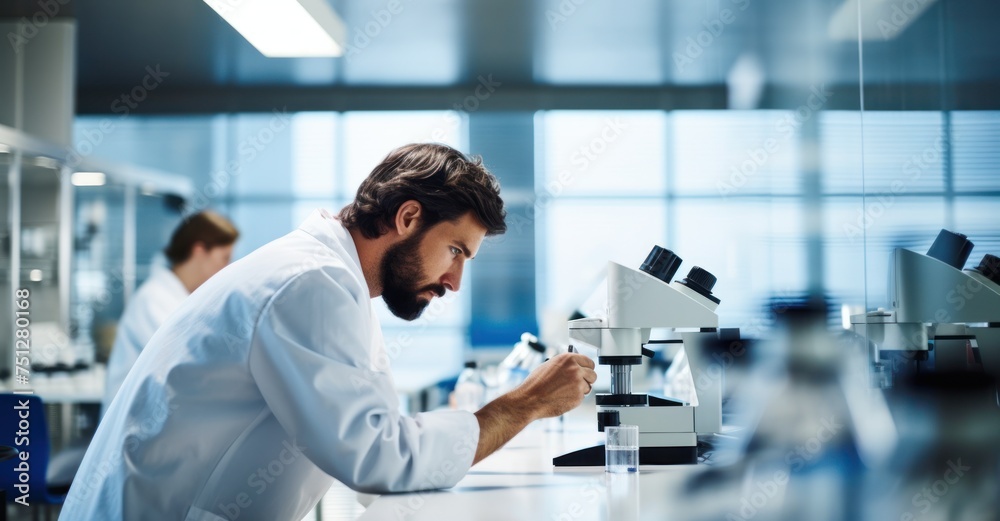 A lab technician examines samples under a microscope, surrounded by reaction tubes, symbolizing scientific inquiry and discovery. A lab technician examines samples under a microscope, surrounded by reaction tubes, symbolizing scientific inquiry and discovery.