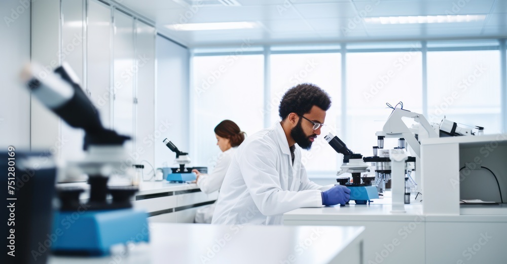 Fototapeta premium A lab technician examines samples under a microscope, surrounded by reaction tubes, symbolizing scientific inquiry and discovery.