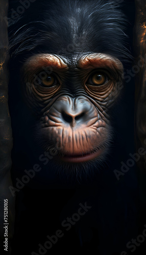 Chimpanzee close-up portrait on a black background.