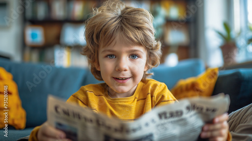 Excited. The boy reads the newspaper excitedly. with news of his favorite sports competitions Image generated by AI photo