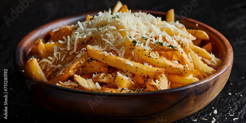 Homemade baked potato french fries in rustic palte with thyme. photo
