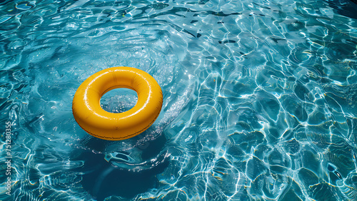 Yellow ring floating in blue swimming pool.