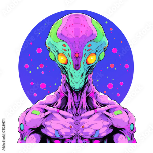 A vibrant, futuristic alien figure stares forward with glowing yellow eyes, its elongated head and sleek, biomechanical body rendered in neon shades of purple, teal, and green against a cosmic blue ba