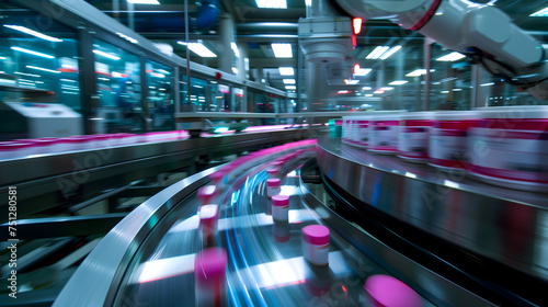 long time exposure photograph showcasing the dynamic and precise environment of a modern pharmaceutical production facility
