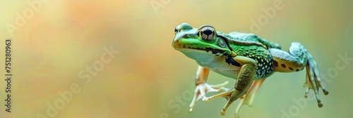 Green frog leaping on a pastel background in a large image. Generative Ai