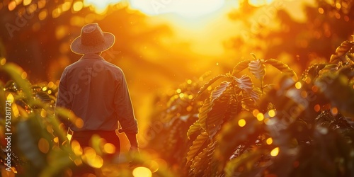 Man in a hat strolling in a coffee field in the sunlight. Generative Ai