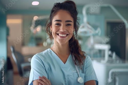 Smiling, standing full, and a happy young female dentist. Generative Ai