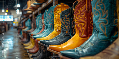 Row of freshly made cowboy boots on shelf created.
