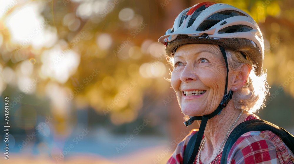 Smiling senior woman wearing a cycling helmet.