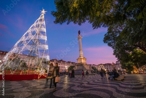 Restauradores Square with Christmas tree in Lisbon, Portugal