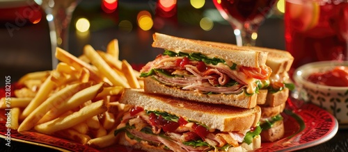 A close-up view of a club sandwich and French fries neatly arranged on a red patterned plate. The sandwich is layered with various fillings and served alongside crispy golden fries.