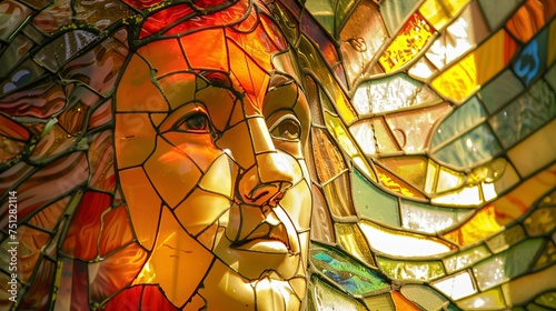 The face of an angel in stained glass its features illuminated by the sun creating a mosaic of light and shadow
