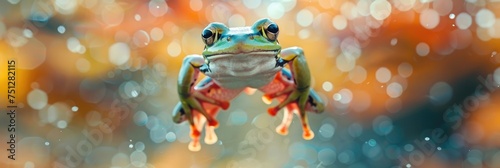 Green frog leaping on a pastel background in a large image. Generative Ai photo
