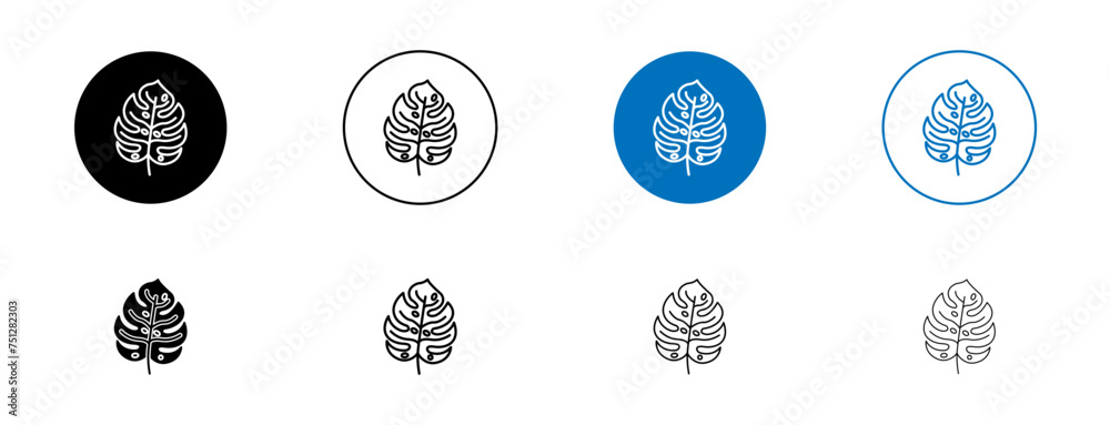 Monstera Deliciosa Plant Leaf Line Icon Set. Lush Wilderness plant symbol in black and blue color.