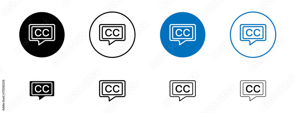 Closed Caption Line Icon Set. Accessible Dialogue for video symbol in black and blue color.
