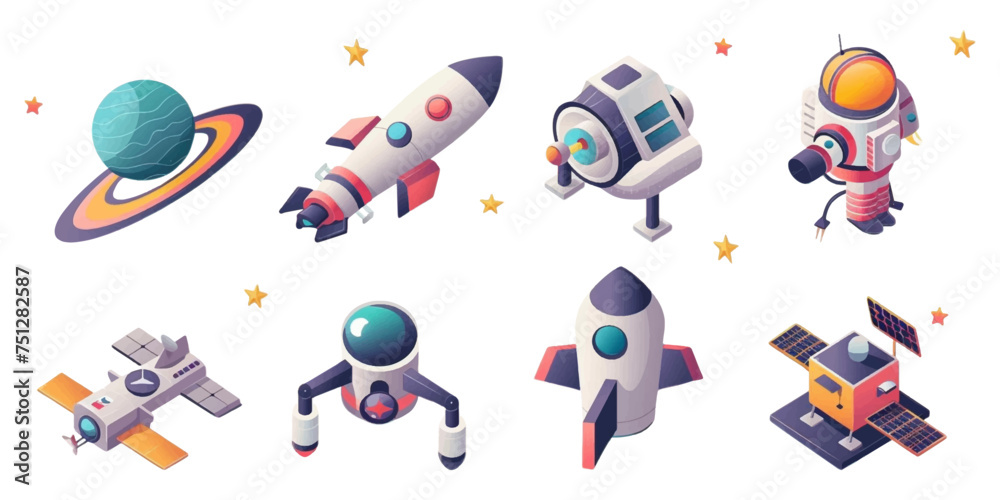Set of space rockets on white background