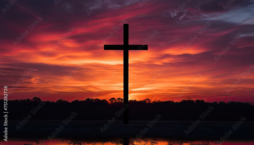A cross stands as a silhouette against a vibrant and multicolored sunset sky. The cross is outlined sharply against the hues of orange, pink, and purple that streak across the sky